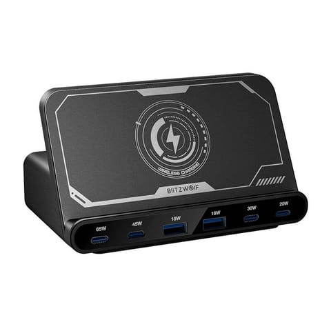 ⁨Ładowarka sieciowa Blitzwolf BW-S27 160W, 2xUSB-A, 4xUSB-C, 15W ładowarka bezprzewodowa (czarna)⁩ w sklepie Wasserman.eu