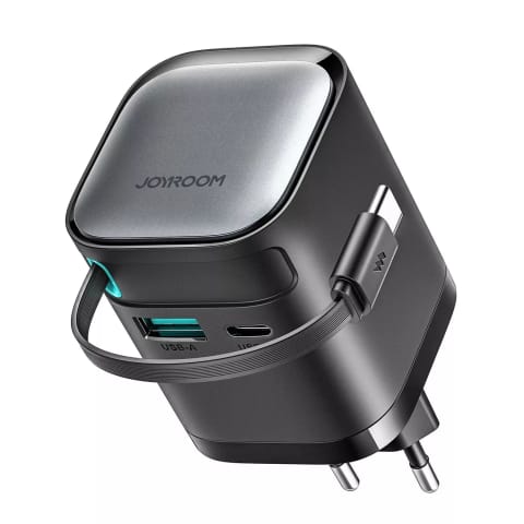 ⁨Ładowarka GaN Joyroom JR-TCL02 65W USB-A USB-C z wbudowanym kablem USB-C - Czarna⁩ w sklepie Wasserman.eu