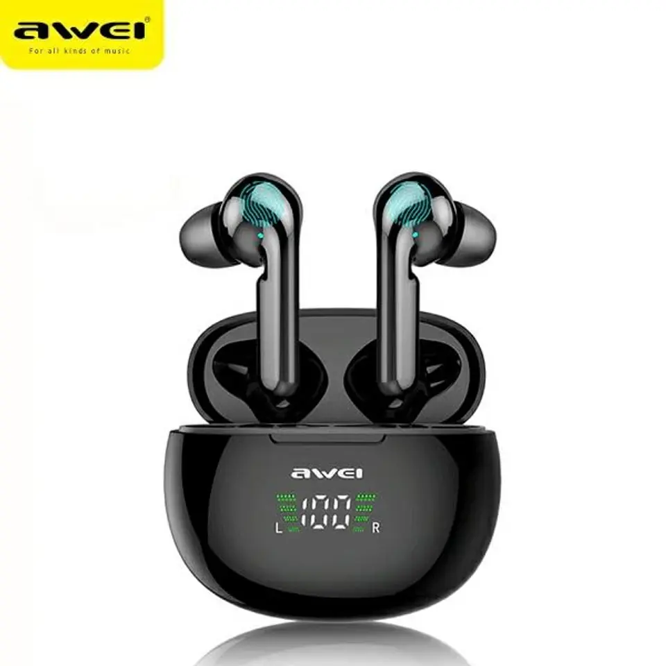 ⁨AWEI Bluetooth 5.0 headphones T15P TWS + docking station black/black⁩ at Wasserman.eu