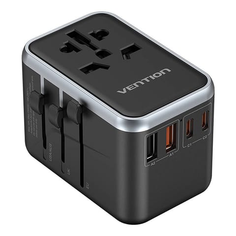 ⁨Adapter podróżny uniwersalny 65W Vention FJFB0 GaN 2xUSB-C 2xUSB-A (czarny)⁩ w sklepie Wasserman.eu