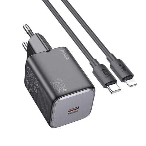 ⁨Ładowarka sieciowa HOCO Typ C + kabel Typ C do Lightning QC PD 20W Czarna⁩ w sklepie Wasserman.eu