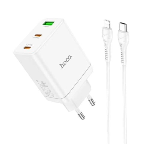 ⁨Ładowarka sieciowa HOCO 2 x Typ C + USB A + kabel Typ C do Lightning PD QC3.0 3A 35W Biała⁩ w sklepie Wasserman.eu