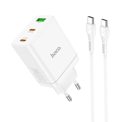 ⁨Ładowarka sieciowa HOCO 2 x Typ C + USB A + kabel Typ C do Typ C PD QC3.0 3A 35W Biała⁩ w sklepie Wasserman.eu