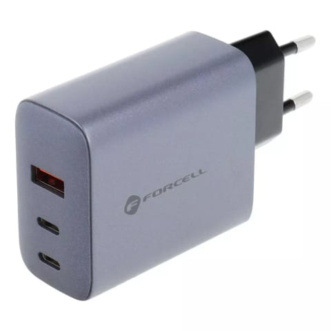 ⁨Ładowarka sieciowa FORCELL F-ENERGY GaN 2 x Typ C + USB A PD QC4.0 4A 65W Szara⁩ w sklepie Wasserman.eu