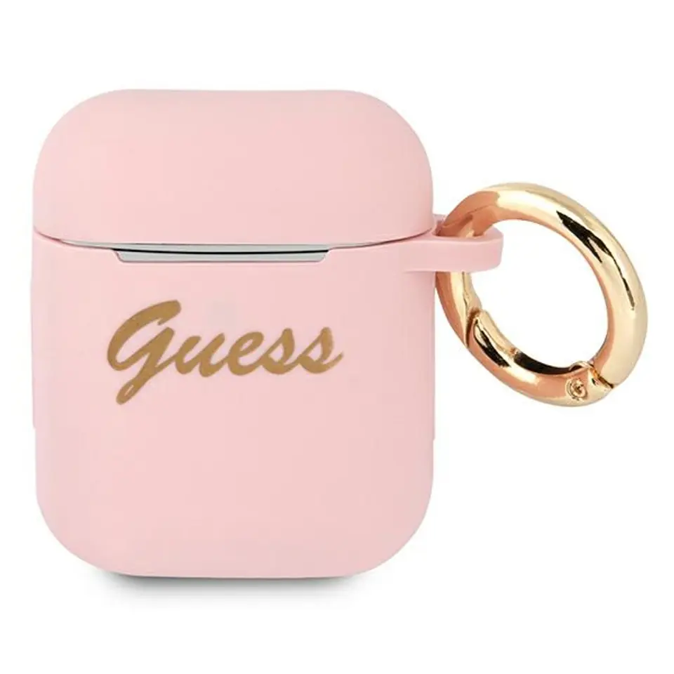 ⁨Guess GUA2SSSI AirPods cover różowy/pink Silicone Vintage Script⁩ w sklepie Wasserman.eu