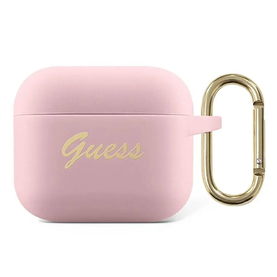 ⁨Guess GUA3SSSI AirPods 3 cover pink/pink Silicone Vintage Script⁩ at Wasserman.eu