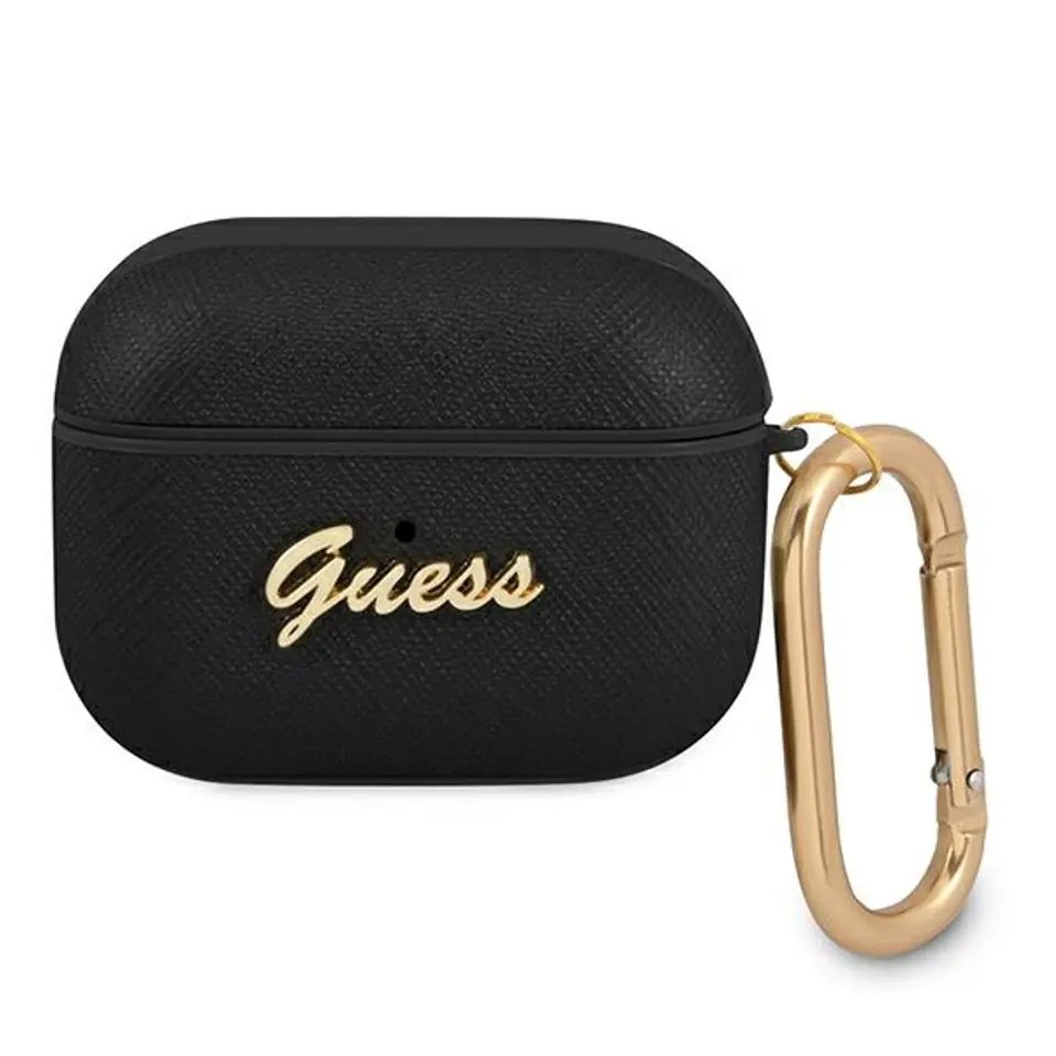 ⁨Guess GUAPSASMK AirPods Pro cover czarny/black Saffiano Script Metal Collection⁩ w sklepie Wasserman.eu