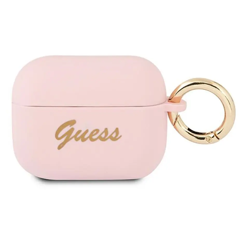 ⁨Guess GUAPSSSI AirPods Pro cover różowy/pink Silicone Vintage Script⁩ w sklepie Wasserman.eu