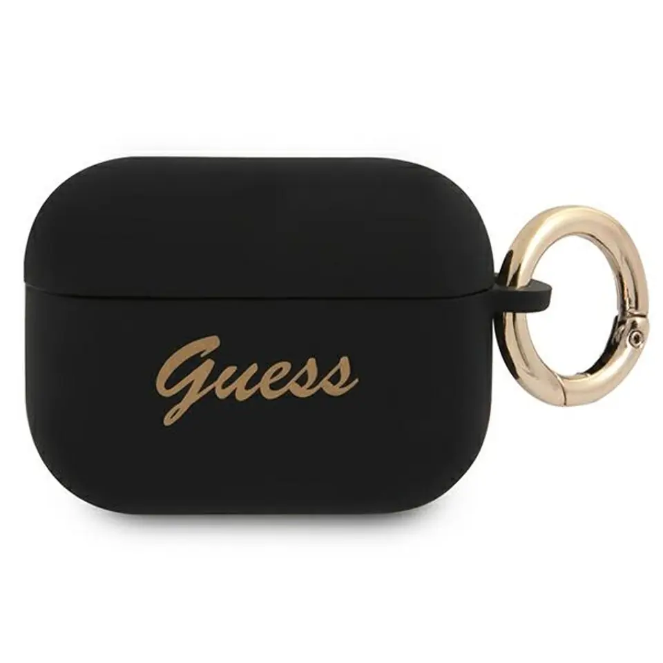 ⁨Guess GUAPSSSK AirPods Pro cover czarny/black Silicone Vintage Script⁩ w sklepie Wasserman.eu