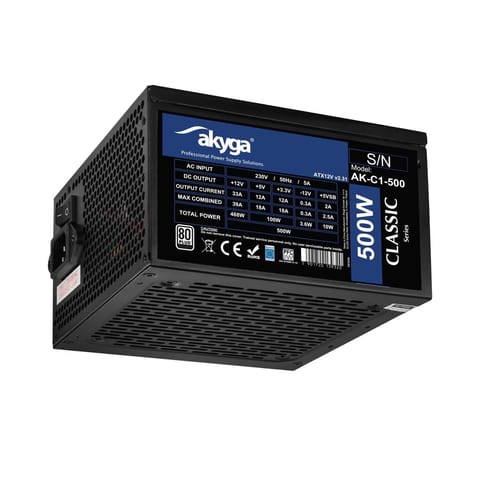 ⁨ATX 500W Power Supply Akyga AK-C1-500 P4+4 2x PCI-E 6+2 pin 4x SATA 2x Molex APFC FAN 12cm⁩ at Wasserman.eu