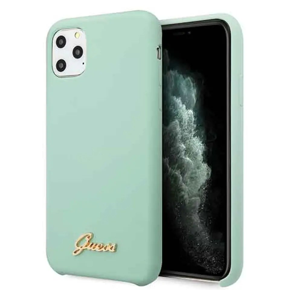 ⁨Guess GUHCN58LSLMGG iPhone 11 Pro green/green hard case Silicone Vintage Gold Logo⁩ at Wasserman.eu