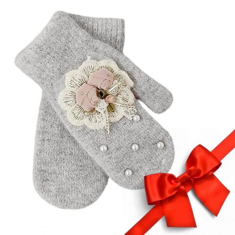SINGLE-FINGERED GLOVES CUTE FLOWERS AND PEARLS GRAY REK131 at Wasserman.eu