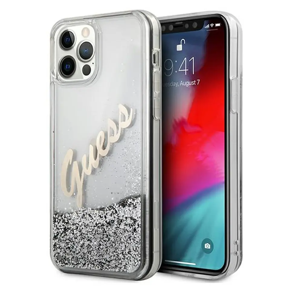 ⁨Guess GUHCP12LGLVSSI iPhone 12 Pro Max 6,7" srebrny/silver hardcase Glitter Vintage Script⁩ w sklepie Wasserman.eu