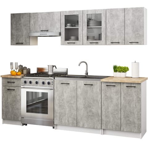 ⁨Zestaw szafek kuchennych z witryną OLIWIA 2.4m beton⁩ w sklepie Wasserman.eu