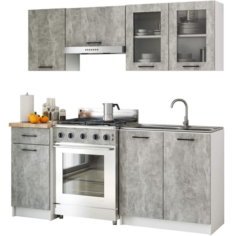 ⁨Zestaw szafek kuchennych z witryną OLIWIA 1.8m beton⁩ w sklepie Wasserman.eu