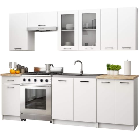 ⁨Zestaw szafek kuchennych z witryną OLIWIA 2.4m H720⁩ w sklepie Wasserman.eu