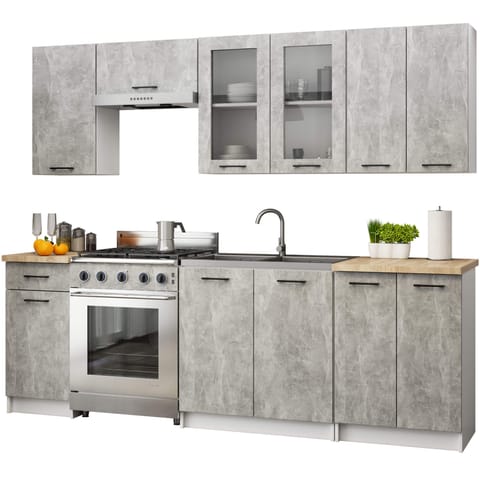 ⁨Zestaw szafek kuchennych z witryną OLIWIA 2.4m H720 Beton⁩ w sklepie Wasserman.eu