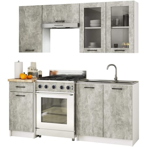⁨Zestaw szafek kuchennych z witryną OLIWIA 1.8m beton H720⁩ w sklepie Wasserman.eu