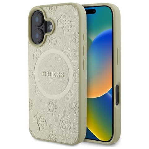 ⁨Guess GUHMP16SPSAPSMED iPhone 16 6.1" złoty/gold hardcase Saffiano Peony Classic Logo MagSafe⁩ w sklepie Wasserman.eu