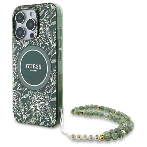 ⁨Guess GUHMP16XHCPOFPA iPhone 16 Pro Max   6.9" zielony/green hardcase IML Flowers Allover Electro With Pearl Strap MagSafe⁩ w sklepie Wasserman.eu