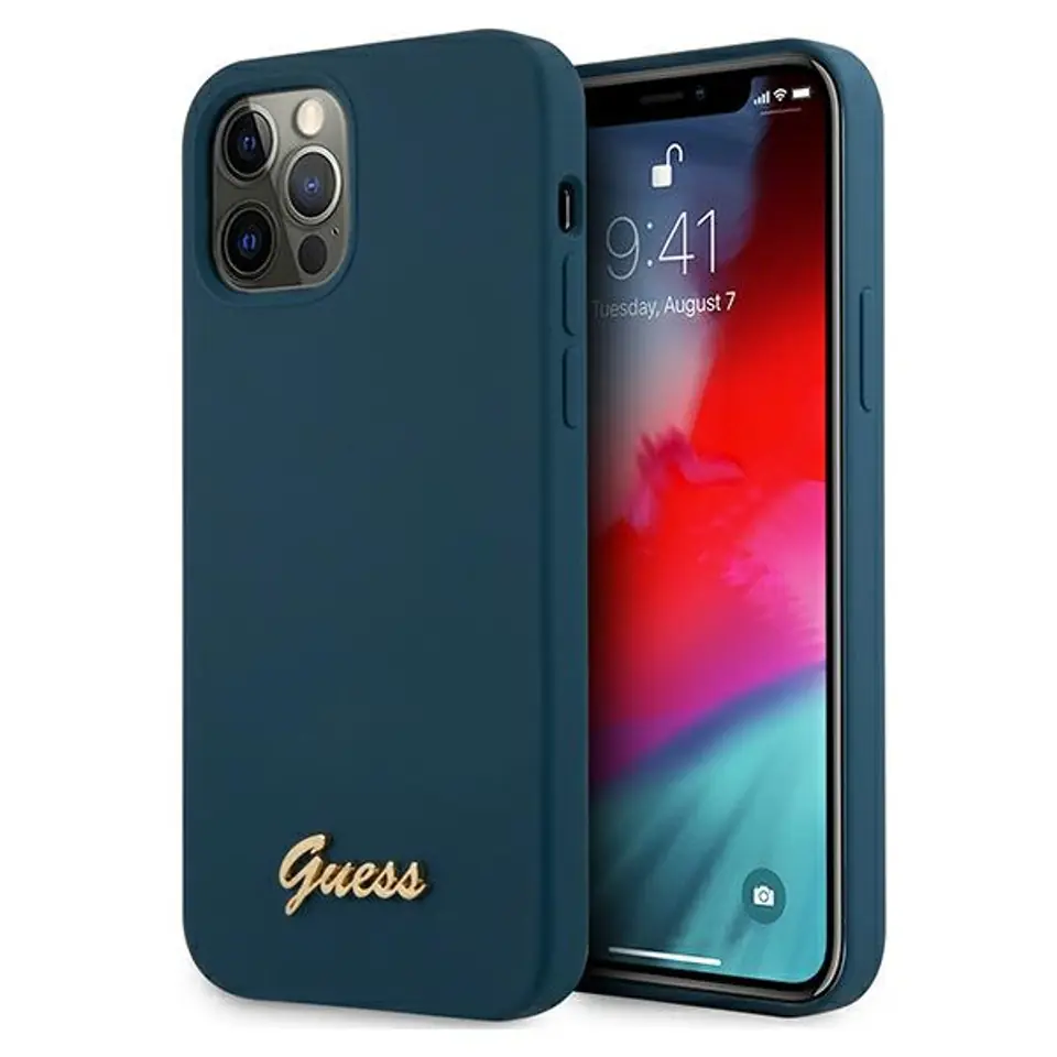 ⁨Guess GUHCP12LLSLMGBL iPhone 12 Pro Max 6,7" niebieski/blue hardcase Metal Logo Script⁩ w sklepie Wasserman.eu