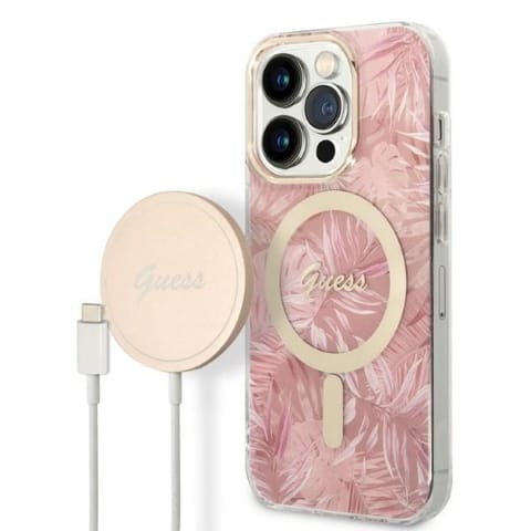 ⁨Zestaw Guess GUBPP14LHJEACSP Case+  Charger iPhone 14 Pro 6,1" różowy/pink hard case Jungle MagSafe⁩ w sklepie Wasserman.eu