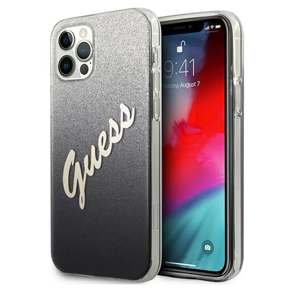 ⁨Guess GUHCP12MPCUGLSBK iPhone 12/12 Pro 6,1" black/black hardcase Glitter Gradient Script⁩ at Wasserman.eu