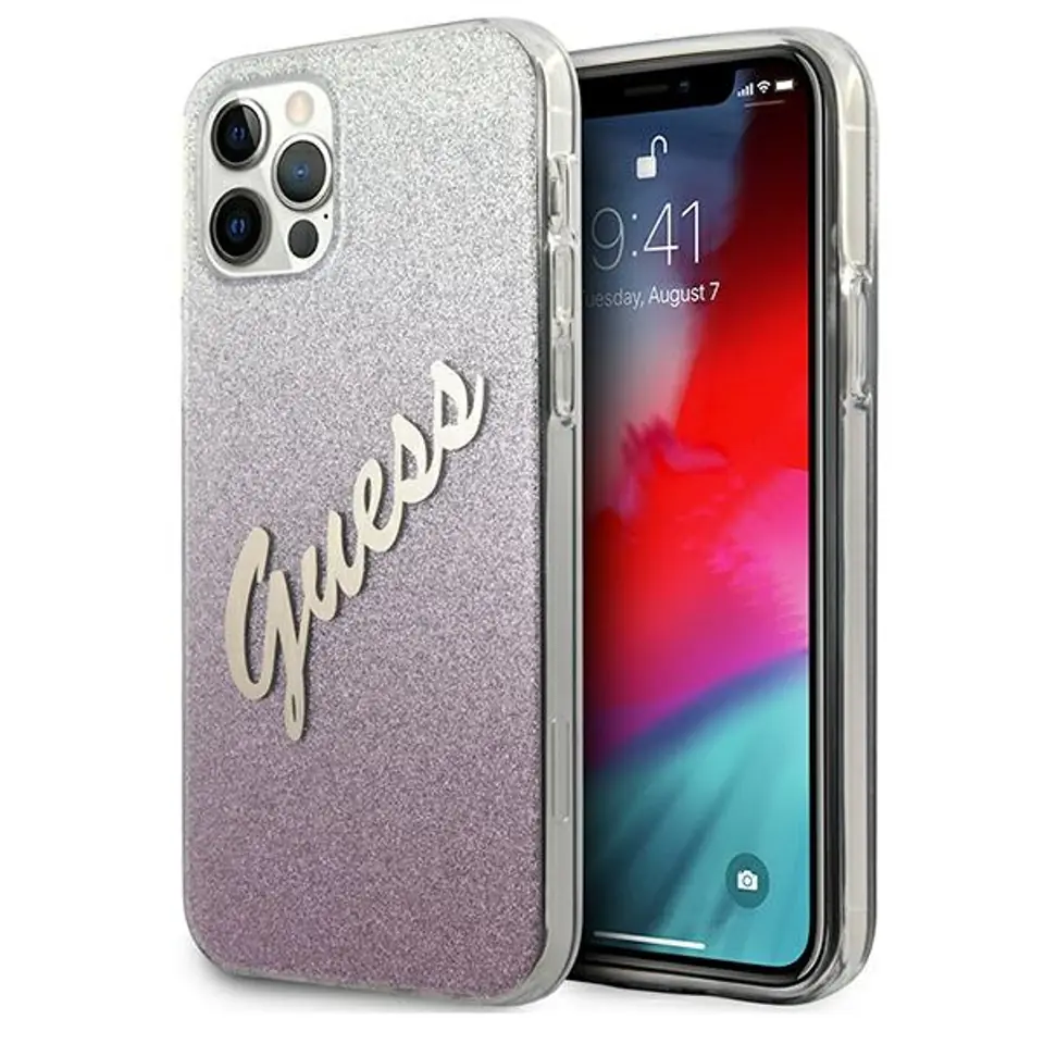 ⁨Guess GUHCP12MPCUGLSPI iPhone 12/12 Pro 6,1" różowy/pink hardcase Glitter Gradient Script⁩ w sklepie Wasserman.eu