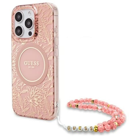 ⁨Guess GUHMP16LHCPOFPP iPhone 16 Pro 6.3"  różowy/pink hardcase IML Flowers Allover Electro With Pearl Strap MagSafe⁩ w sklepie Wasserman.eu