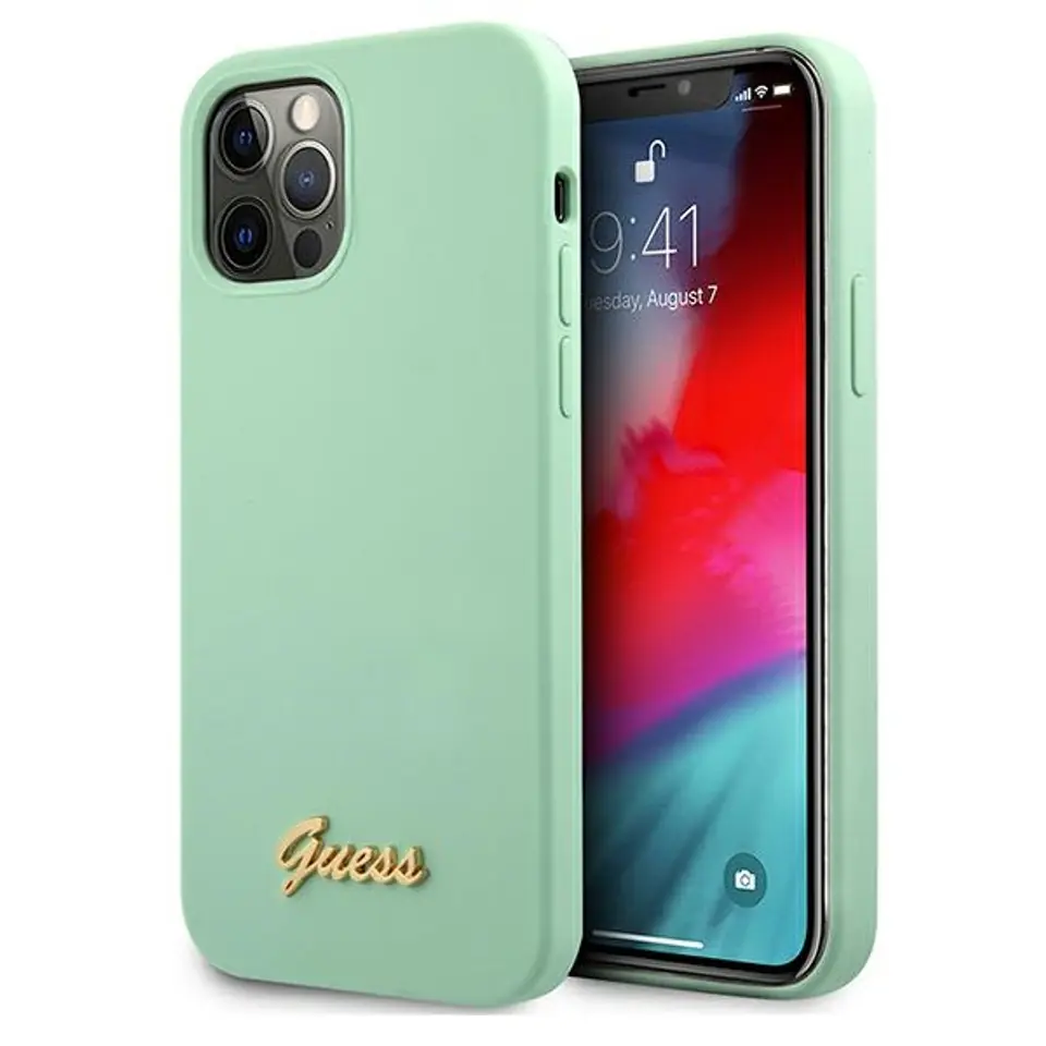 ⁨Guess GUHCP12MLSLMGGN iPhone 12/12 Pro 6,1" zielony/green hardcase Metal Logo Script⁩ w sklepie Wasserman.eu