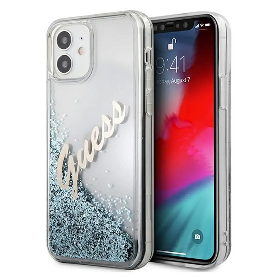 ⁨Guess GUHCP12SGLVSBL iPhone 12 mini 5,4" niebieski/blue hardcase Glitter Vintage Script⁩ w sklepie Wasserman.eu