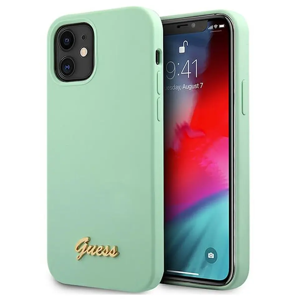 ⁨Guess GUHCP12SLSLMGGN iPhone 12 mini 5,4" zielony/green hardcase Metal Logo Script⁩ w sklepie Wasserman.eu