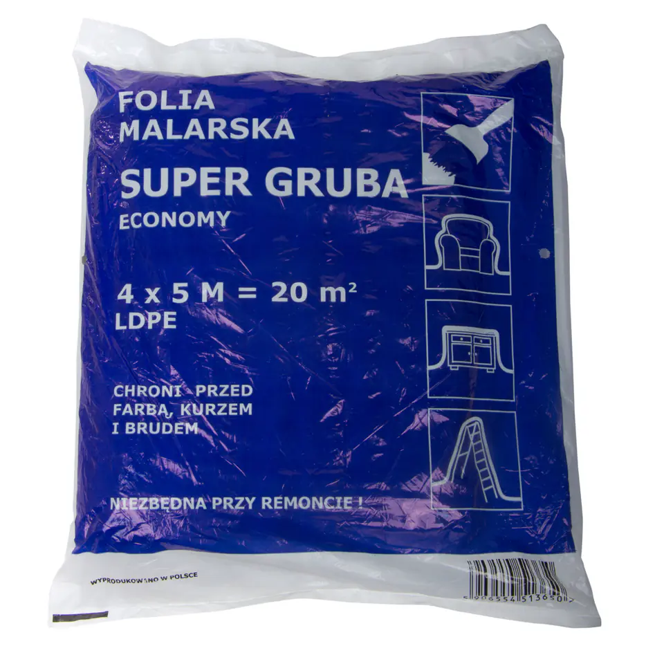 ⁨Folia malarska ldpe 4*5m, gruba (grubość: ok.20 mikro-m)⁩ w sklepie Wasserman.eu