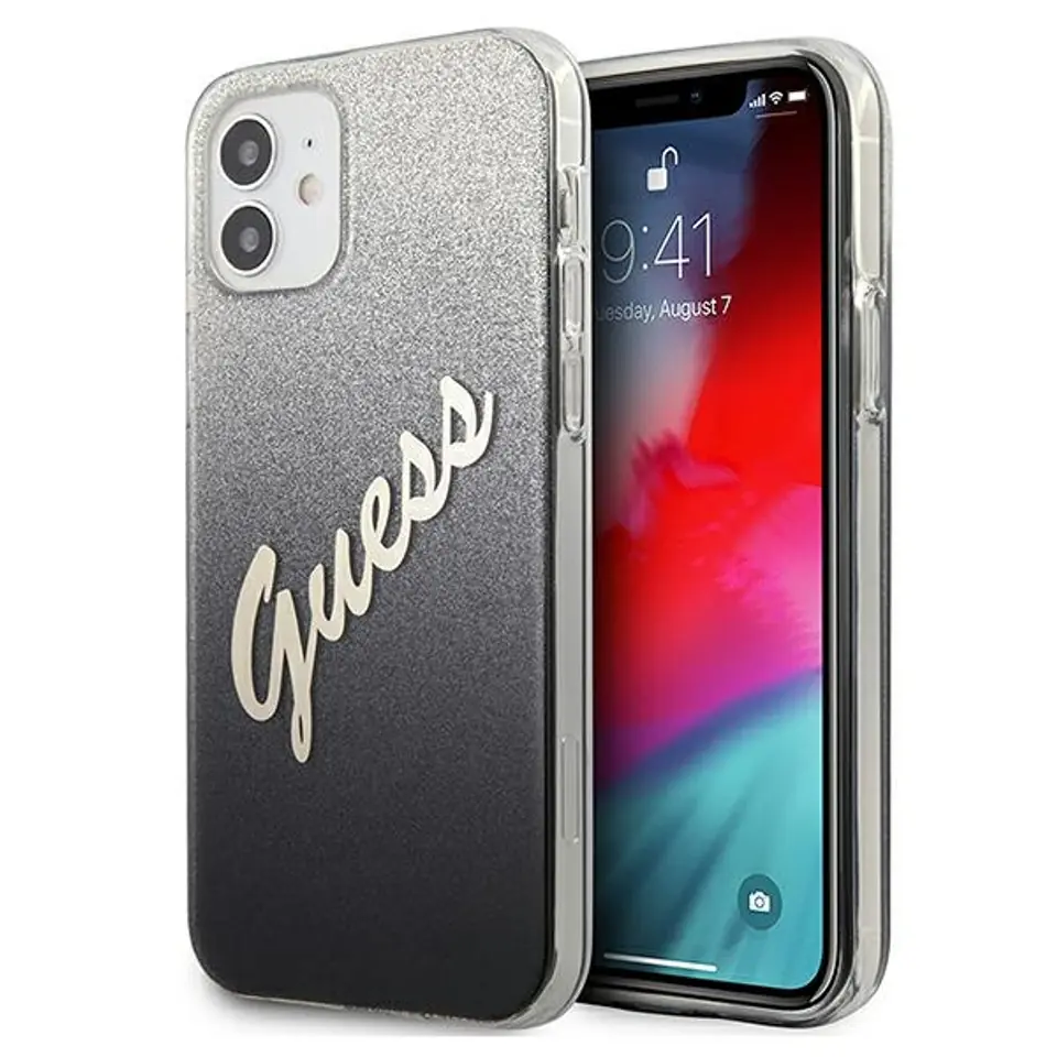 ⁨Guess GUHCP12SPCUGLSBK iPhone 12 mini 5,4" czarny/black hardcase Glitter Gradient Script⁩ w sklepie Wasserman.eu