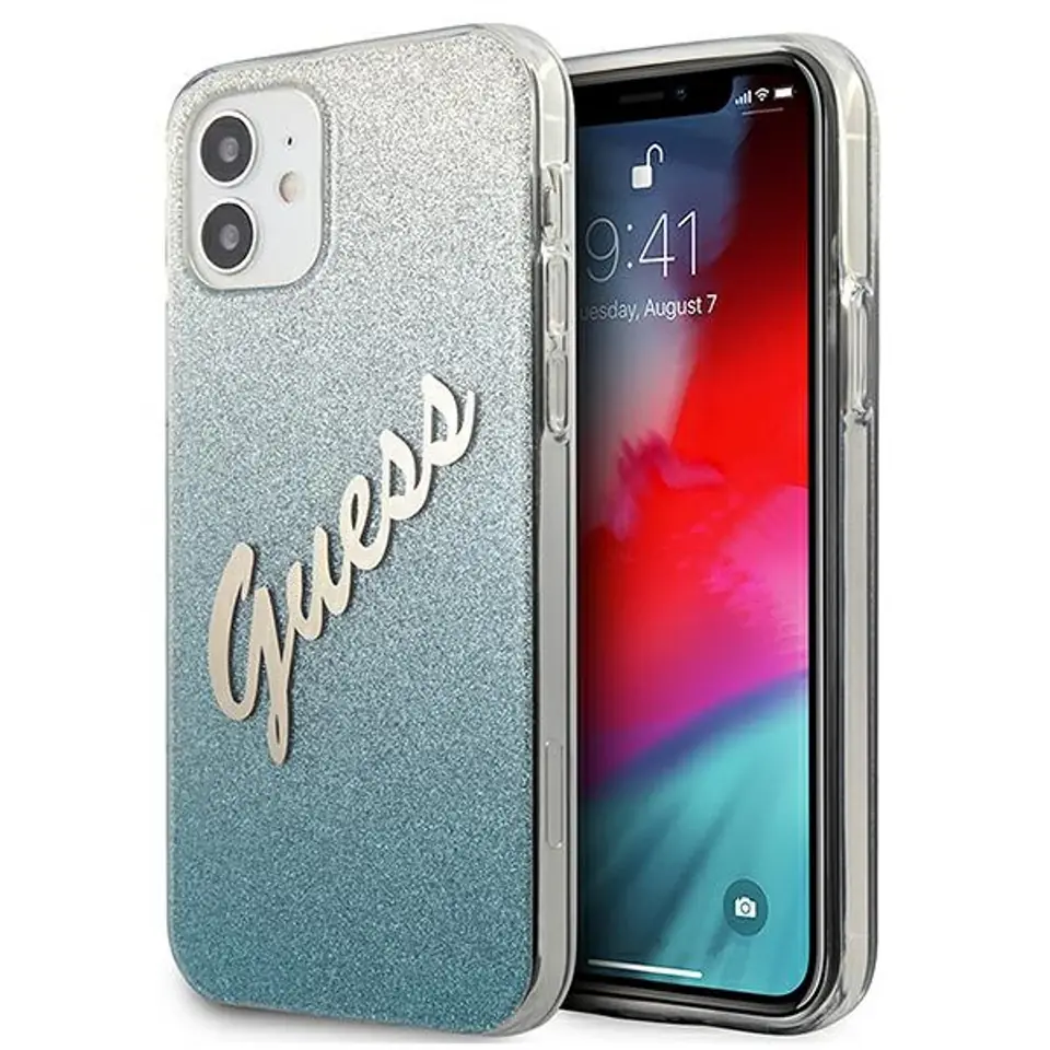 ⁨Guess GUHCP12SPCUGLSBL iPhone 12 mini 5,4" niebieski/blue hardcase Glitter Gradient Script⁩ w sklepie Wasserman.eu