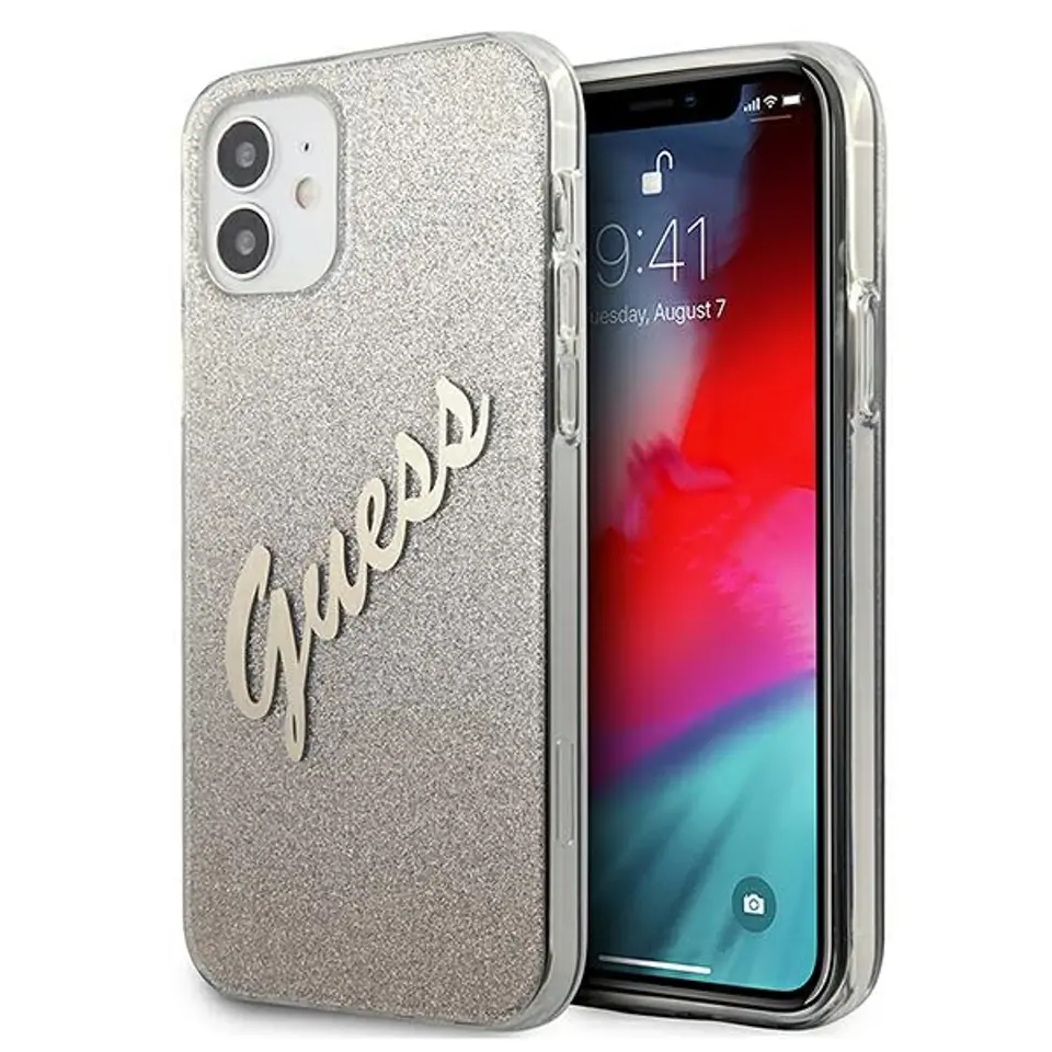 ⁨Guess GUHCP12SPCUGLSGO iPhone 12 mini 5.4" gold/gold hardcase Glitter Gradient Script⁩ at Wasserman.eu