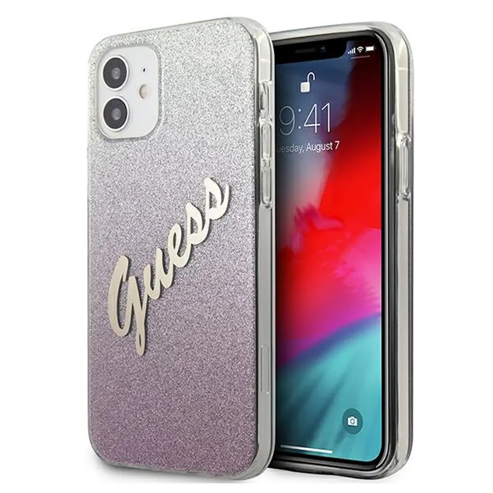 ⁨Guess GUHCP12SPCUGLSPI iPhone 12 mini 5,4" różowy/pink hardcase Glitter Gradient Script⁩ w sklepie Wasserman.eu