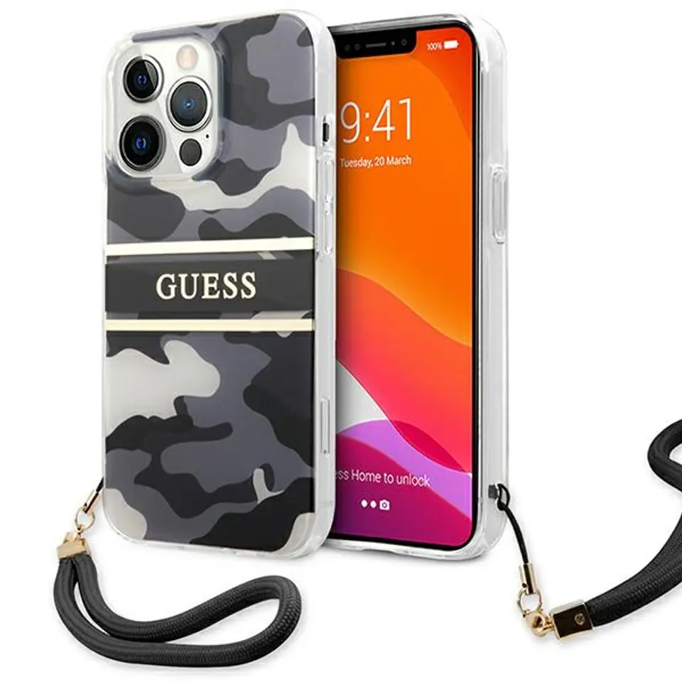 ⁨Guess GUHCP13LKCABBK iPhone 13 Pro / 13 6,1" czarny/black hardcase Camo Strap Collection⁩ w sklepie Wasserman.eu