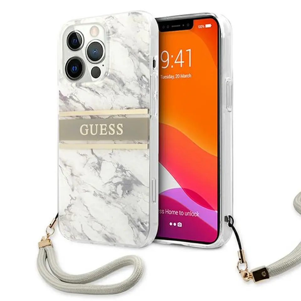 ⁨Guess GUHCP13XKMABGR iPhone 13 Pro Max 6,7" szary/grey hardcase Marble Strap Collection⁩ w sklepie Wasserman.eu
