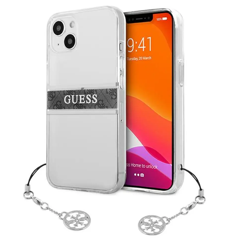 ⁨Guess GUHCP13SKB4GGR iPhone 13 mini 5,4" Transparent hardcase 4G Grey Strap Charm⁩ w sklepie Wasserman.eu