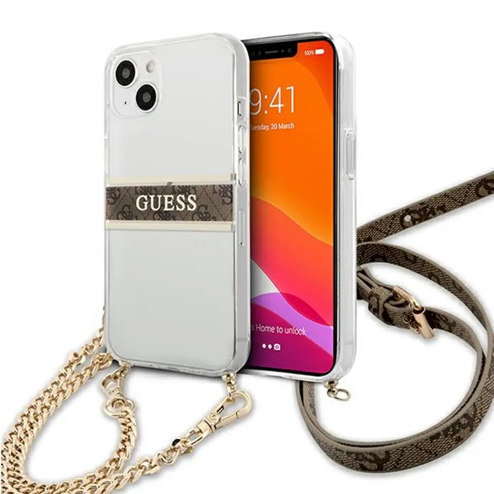 ⁨Guess GUHCP13SKC4GBGO iPhone 13 mini 5,4" Transparent hardcase 4G Brown Strap Gold Chain⁩ w sklepie Wasserman.eu