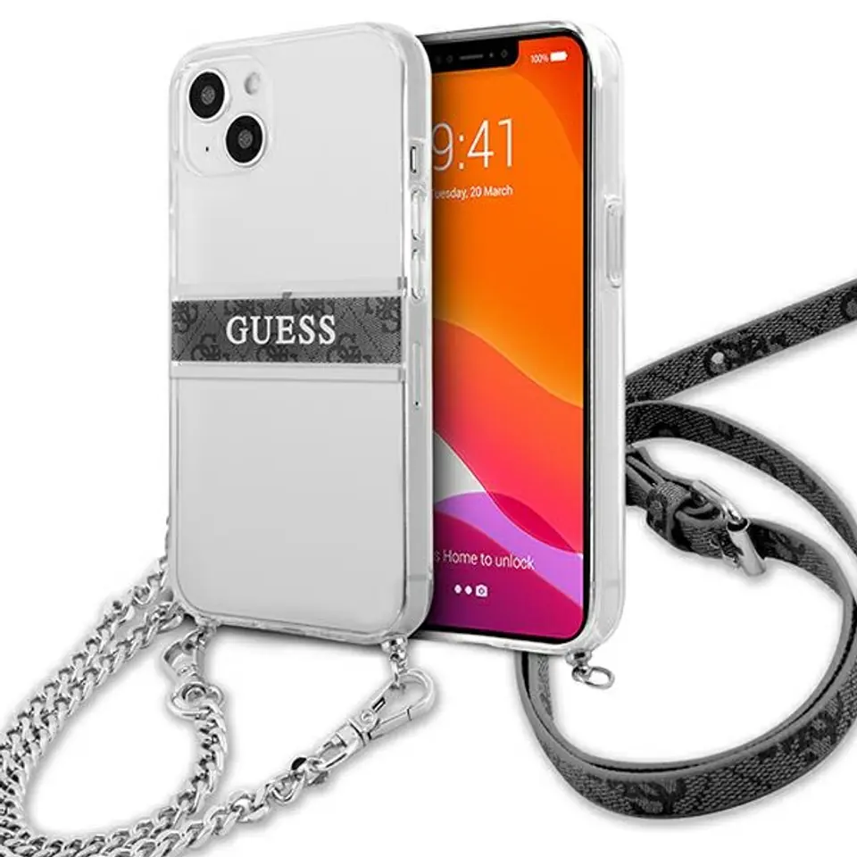 ⁨Guess GUHCP13SKC4GBSI iPhone 13 mini 5,4" Transparent hardcase 4G Grey Strap Silver Chain⁩ w sklepie Wasserman.eu