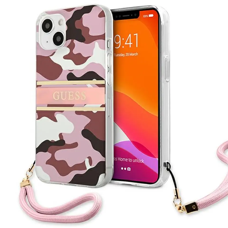 ⁨Guess GUHCP13MKCABPI iPhone 13 6,1" różowy/pink hardcase Camo Strap Collection⁩ w sklepie Wasserman.eu