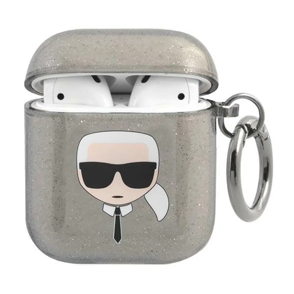 ⁨Karl Lagerfeld KLA2UKHGK AirPods cover czarny/black Glitter Karl`s Head⁩ w sklepie Wasserman.eu