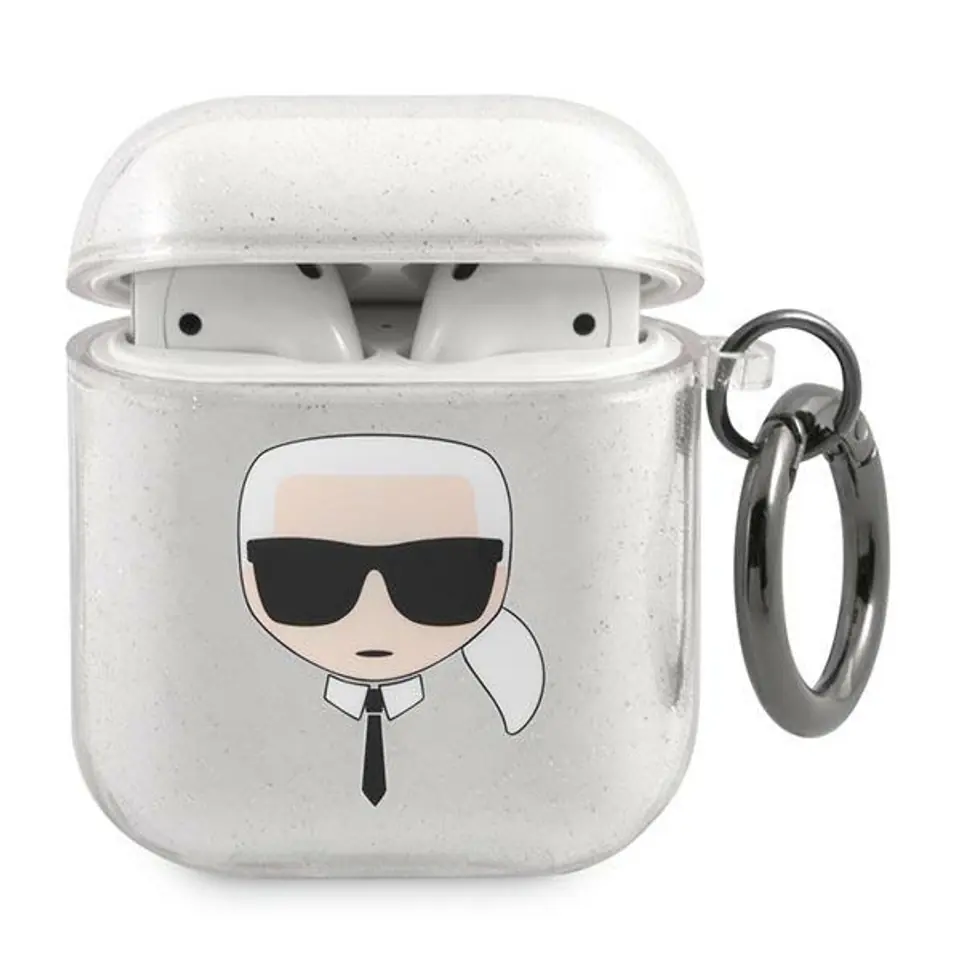 ⁨Karl Lagerfeld KLA2UKHGS AirPods cover srebrny/silver Glitter Karl`s Head⁩ w sklepie Wasserman.eu