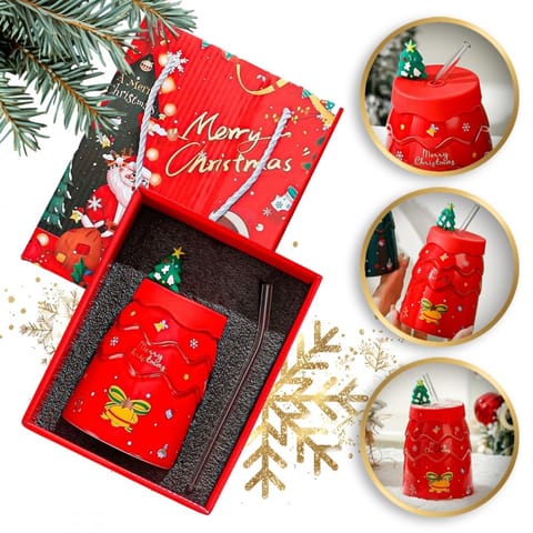 KUBEK ŚWIĄTECZNY - zestaw z silikonową pokrywką i rurką 400ml, czerwony KB06CZE w sklepie Wasserman.eu