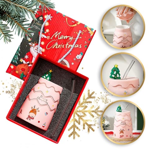 ⁨KUBEK ŚWIĄTECZNY - zestaw z silikonową pokrywką i rurką 400ml, różowy KB06R⁩ w sklepie Wasserman.eu