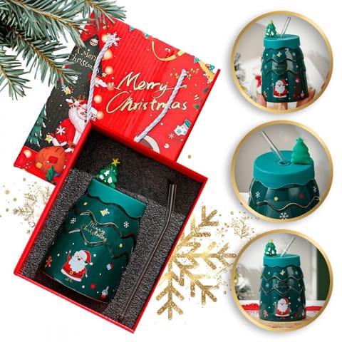 KUBEK ŚWIĄTECZNY - zestaw z silikonową pokrywką i rurką 400ml, zielony KB06ZIE w sklepie Wasserman.eu