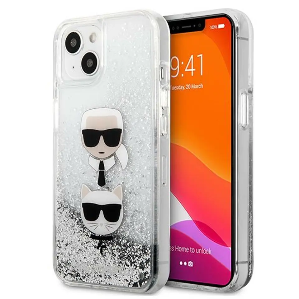 ⁨Karl Lagerfeld KLHCP13SKICGLS iPhone 13 mini 5.4" silver/silver hardcase Liquid Glitter Karl&Choupette Head⁩ at Wasserman.eu