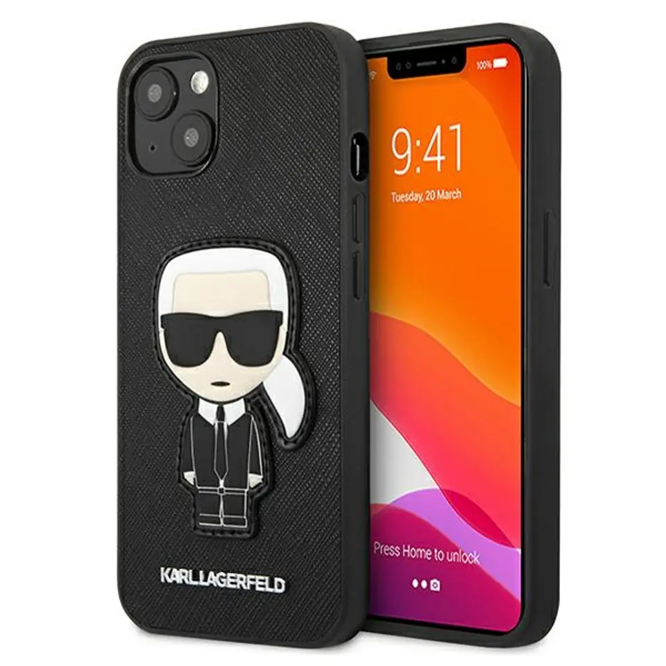 ⁨Karl Lagerfeld KLHCP13SOKPK iPhone 13 mini 5.4" black/black hardcase Saffiano Ikonik Karl's Patch⁩ at Wasserman.eu
